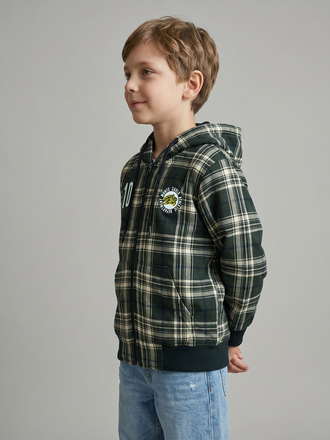 Boys Green Check Hooded Full Sleeve Sweatshirt