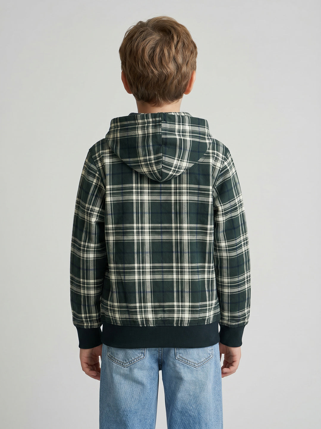 Boys Green Check Hooded Full Sleeve Sweatshirt