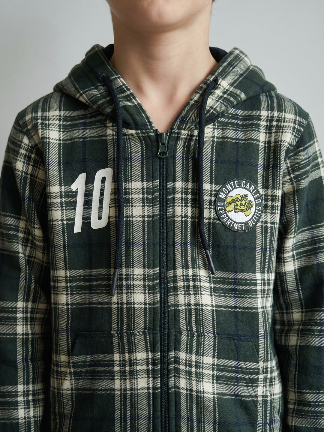 Boys Green Check Hooded Full Sleeve Sweatshirt