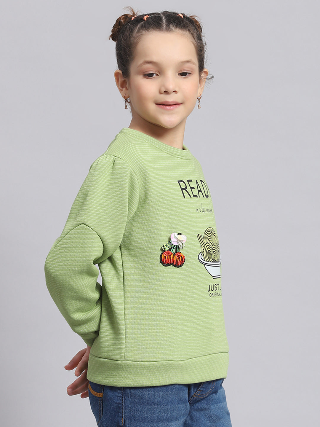 Girls Green Printed Round Neck Full Sleeve Sweatshirt