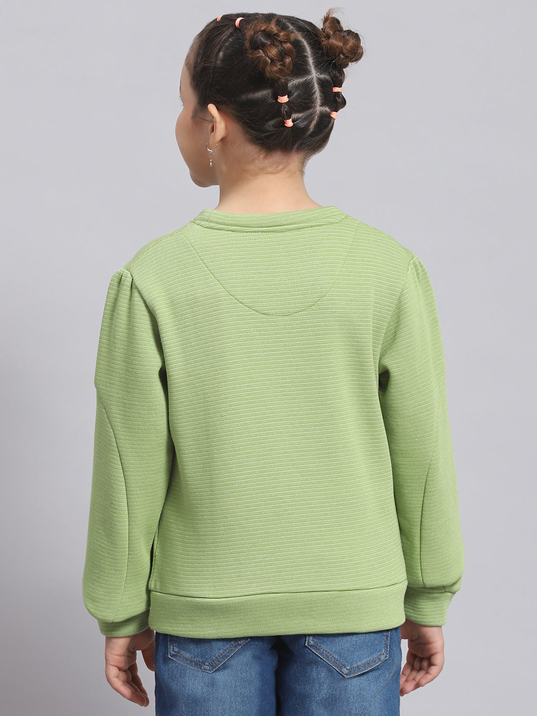 Girls Green Printed Round Neck Full Sleeve Sweatshirt
