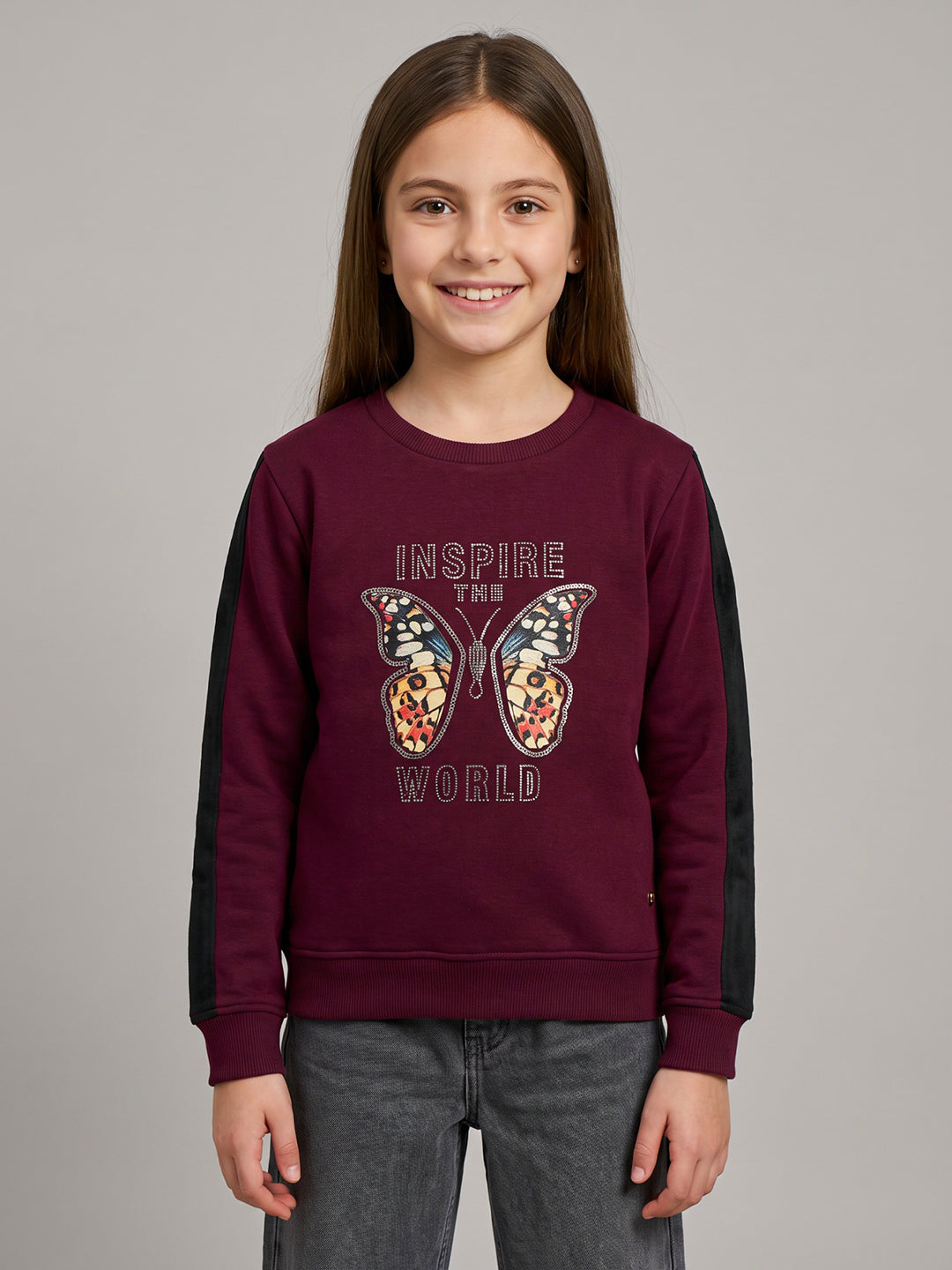 Girls Maroon Printed Round Neck Full Sleeve Sweatshirt