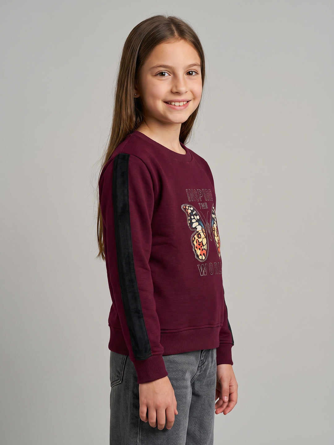 Girls Maroon Printed Round Neck Full Sleeve Sweatshirt
