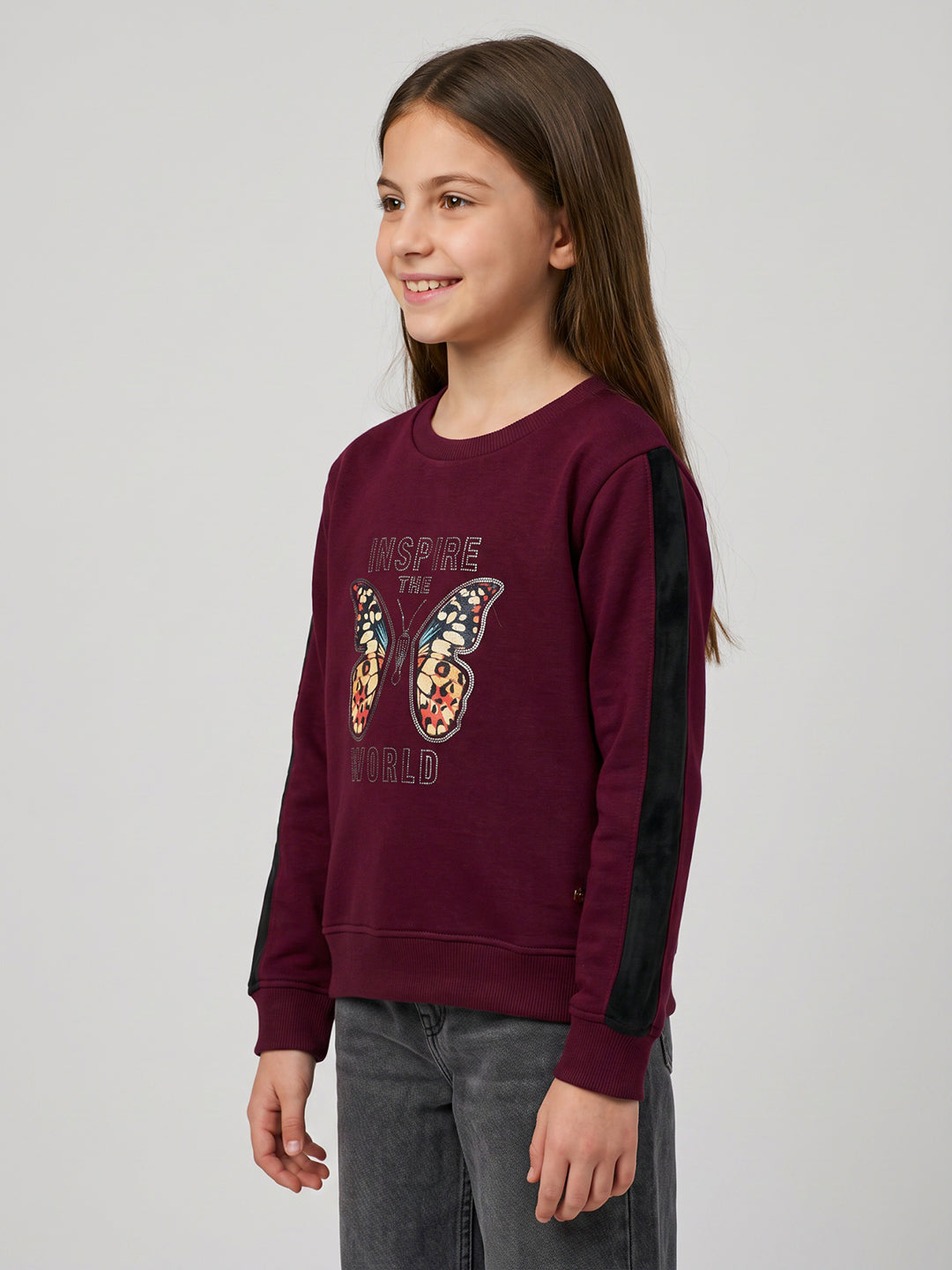Girls Maroon Printed Round Neck Full Sleeve Sweatshirt