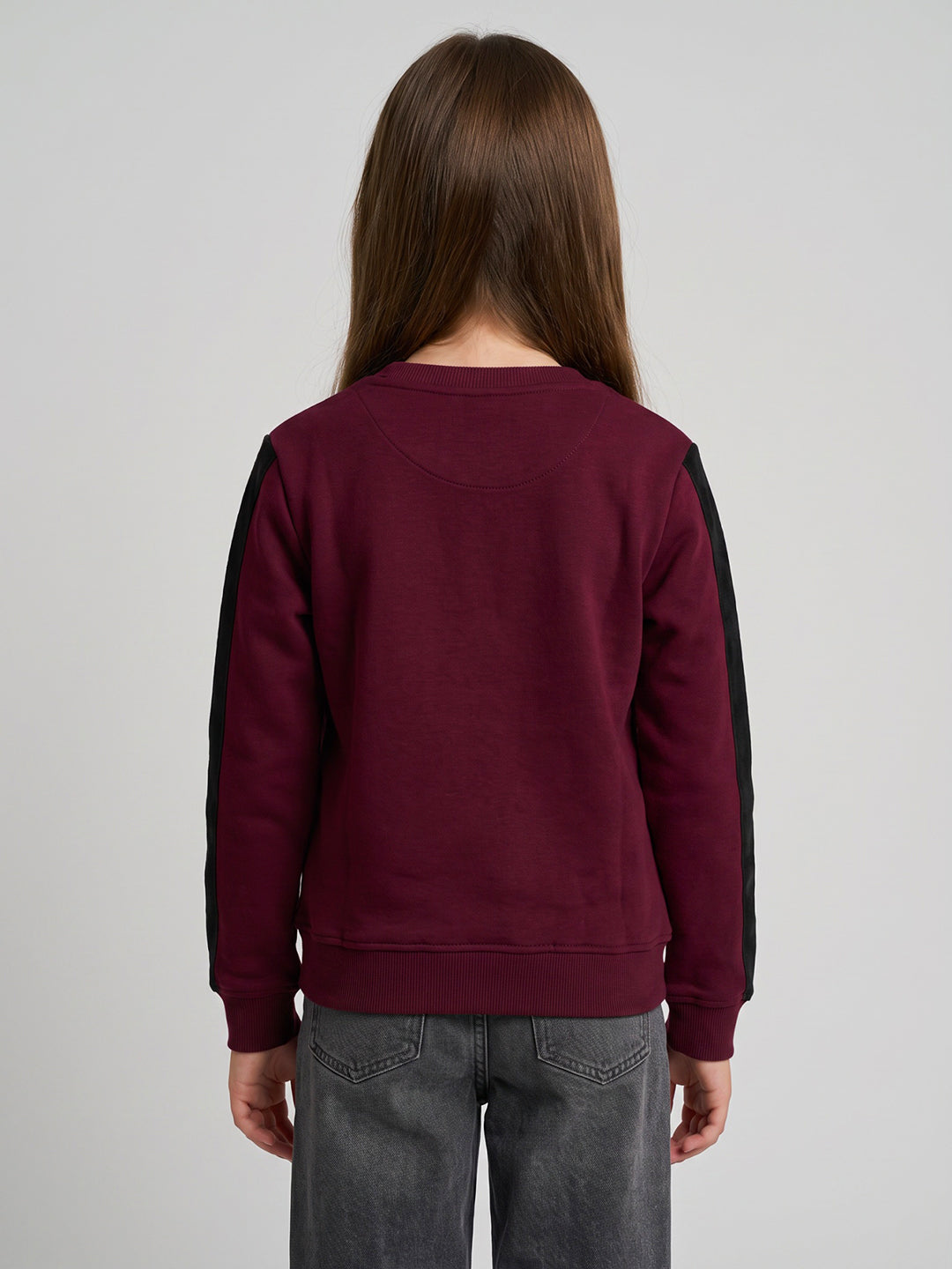 Girls Maroon Printed Round Neck Full Sleeve Sweatshirt