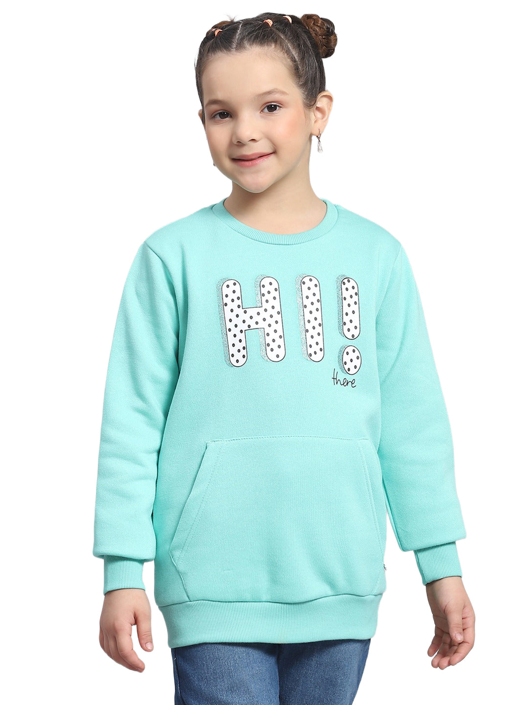 Girls Turquoise Blue Printed Round Neck Full Sleeve Sweatshirt