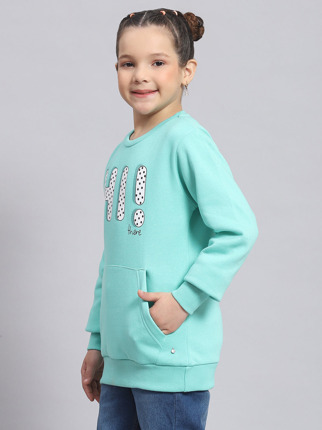 Girls Turquoise Blue Printed Round Neck Full Sleeve Sweatshirt