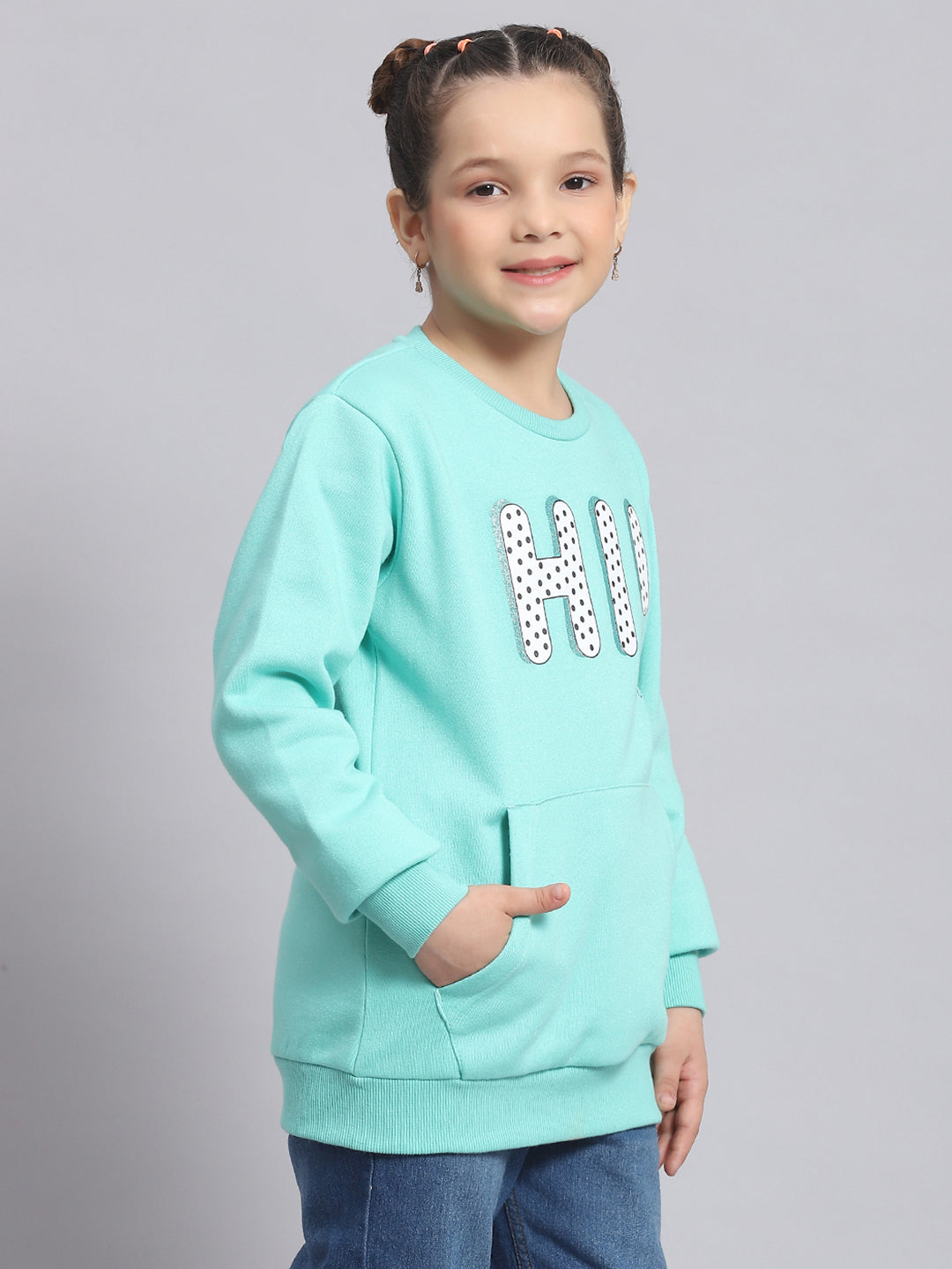 Girls Turquoise Blue Printed Round Neck Full Sleeve Sweatshirt