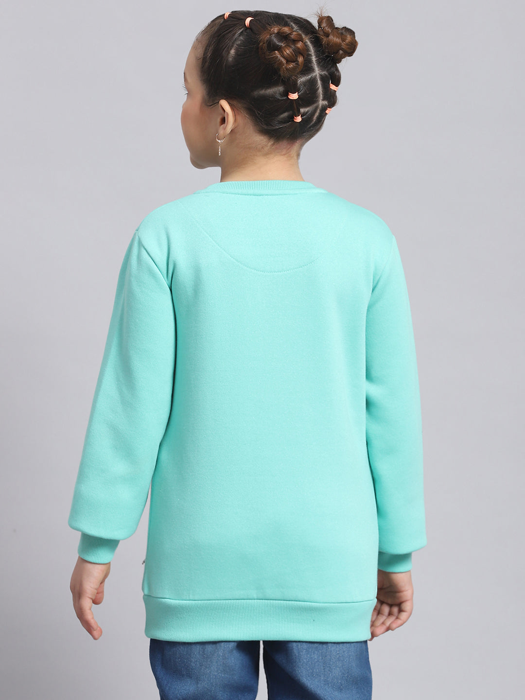 Girls Turquoise Blue Printed Round Neck Full Sleeve Sweatshirt