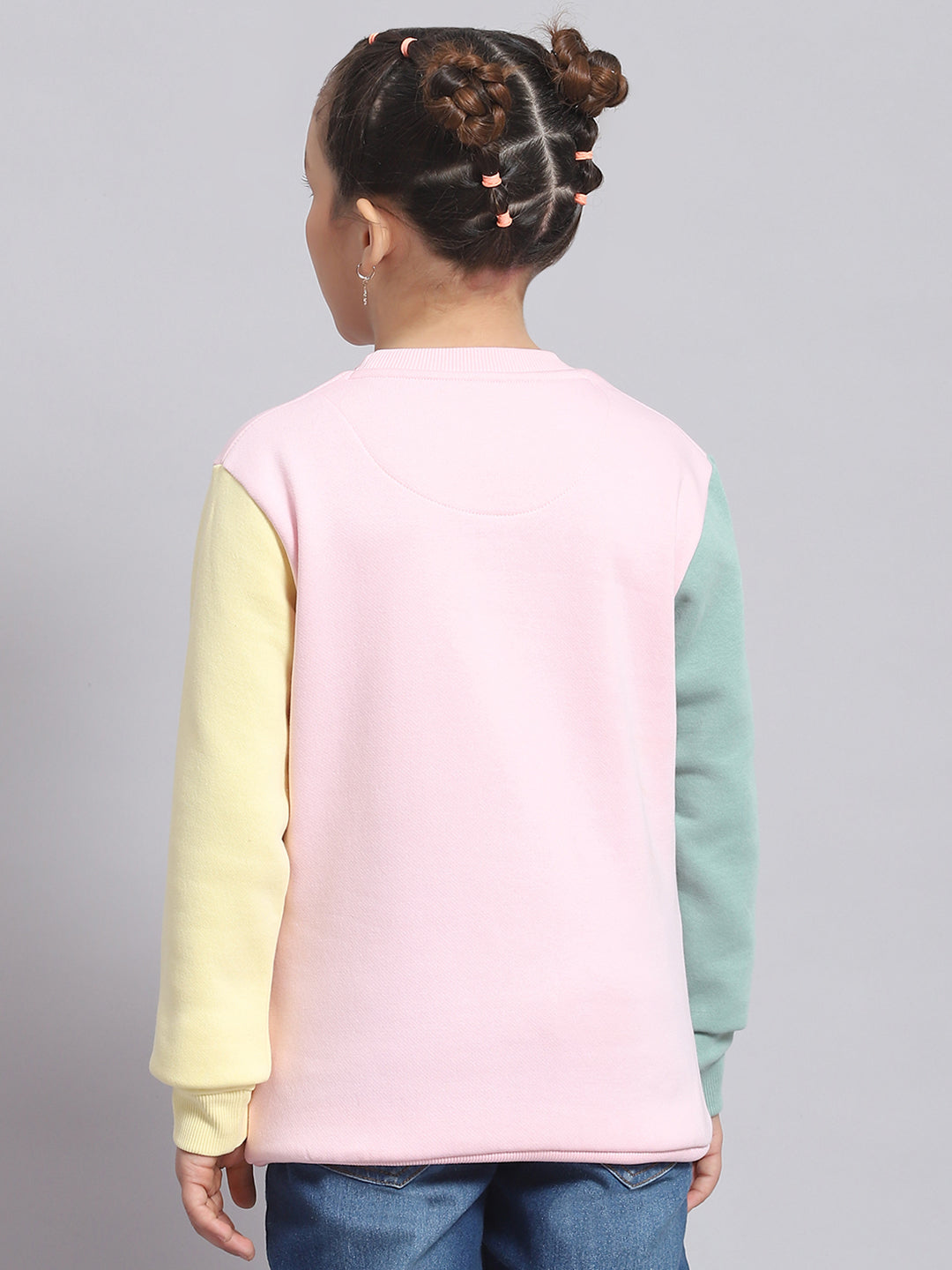 Girls Pink Embroidered Round Neck Full Sleeve Sweatshirt