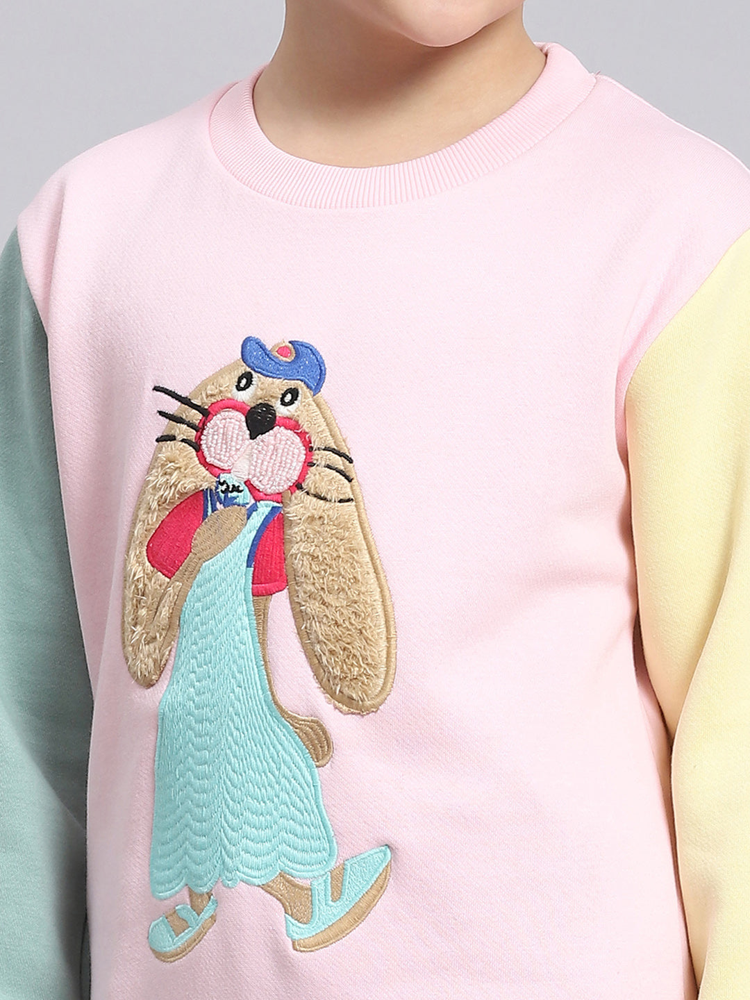 Girls Pink Embroidered Round Neck Full Sleeve Sweatshirt