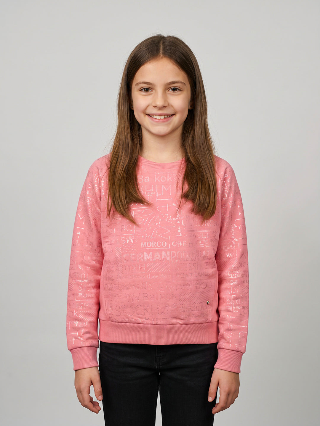 Girls Pink Self Design Round Neck Full Sleeve Sweatshirt