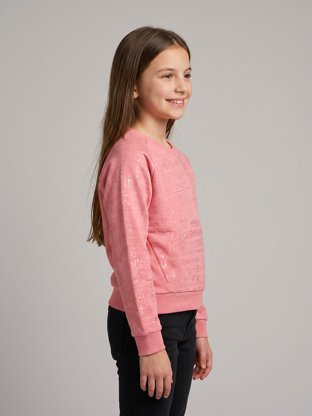 Girls Pink Self Design Round Neck Full Sleeve Sweatshirt