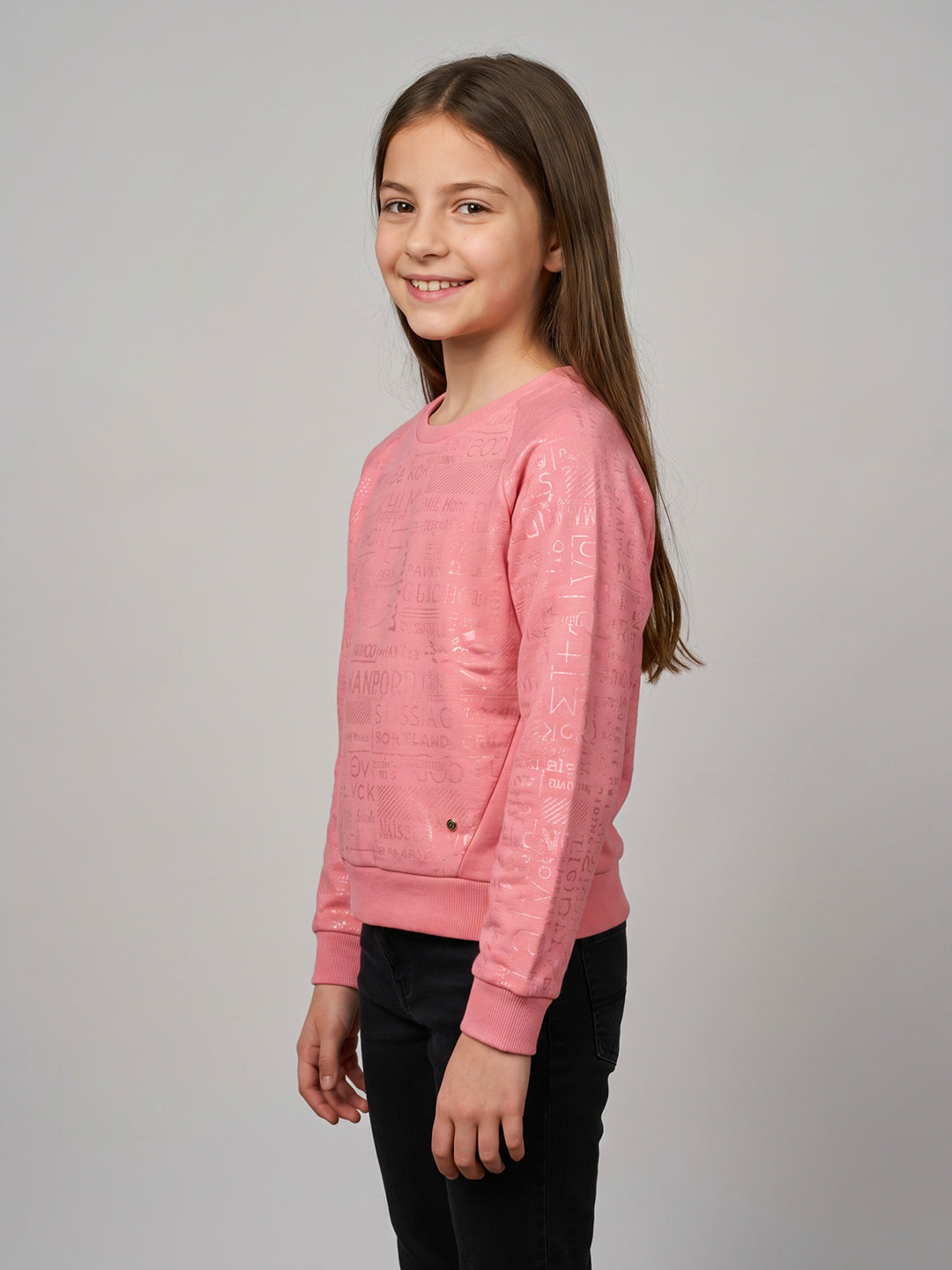 Girls Pink Self Design Round Neck Full Sleeve Sweatshirt