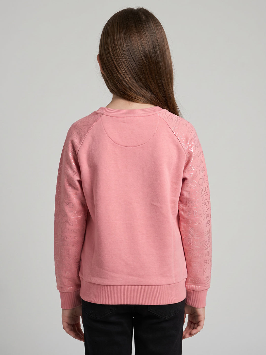Girls Pink Self Design Round Neck Full Sleeve Sweatshirt