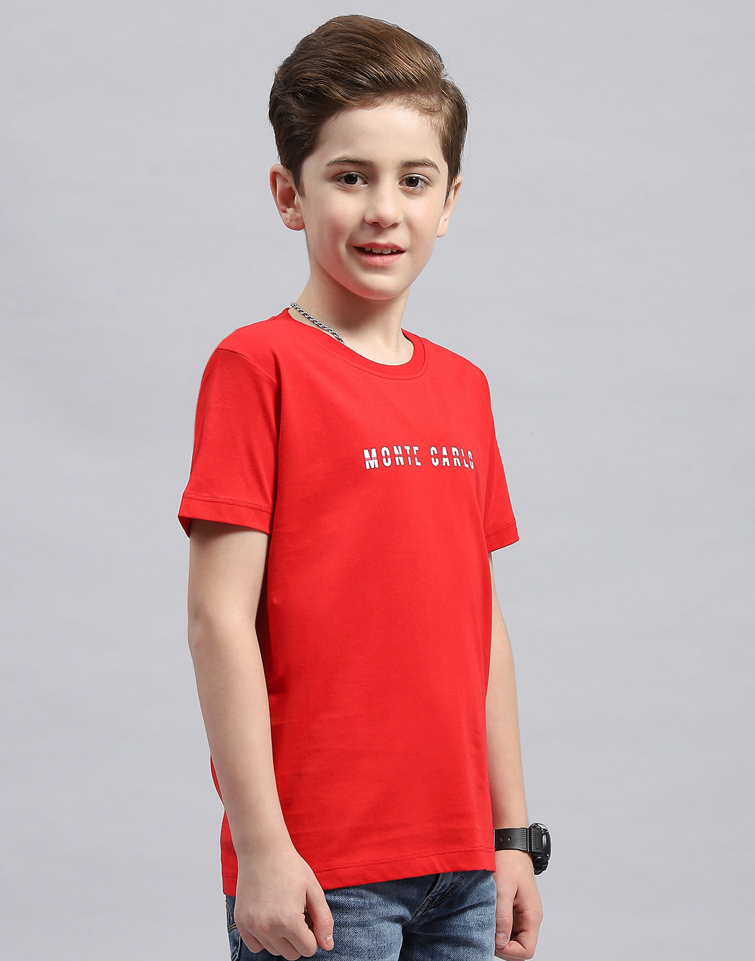 Boys Red Printed Round Neck Half Sleeve T-Shirt