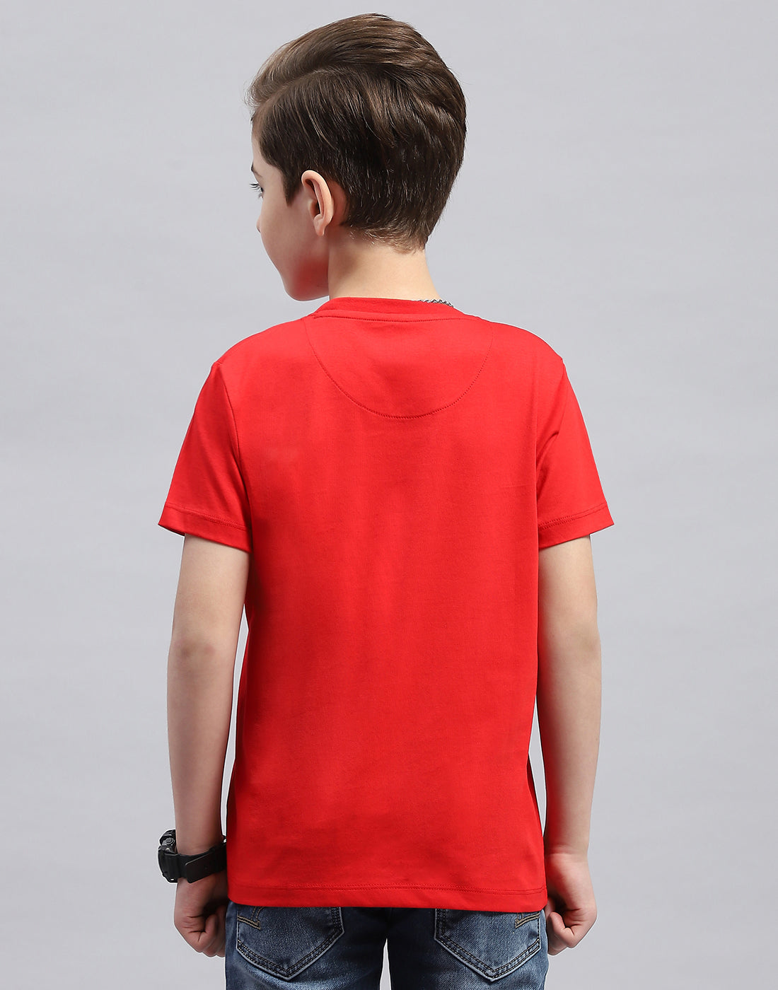Boys Red Printed Round Neck Half Sleeve T-Shirt