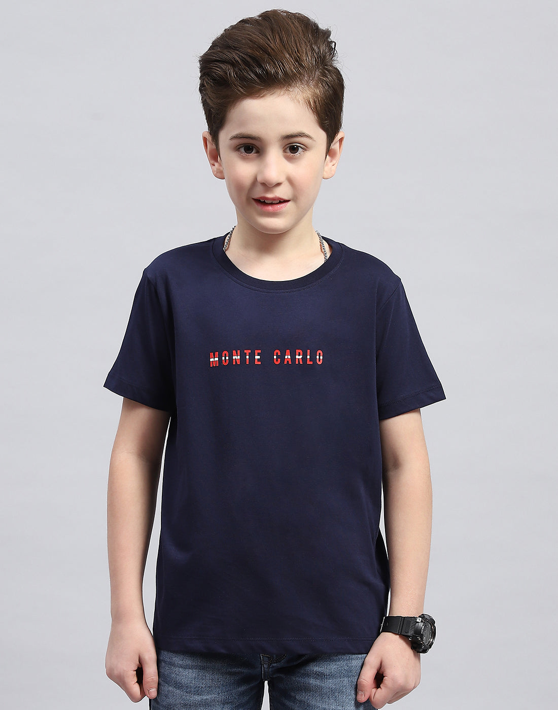 Boys Navy Blue Printed Round Neck Half Sleeve T-Shirt