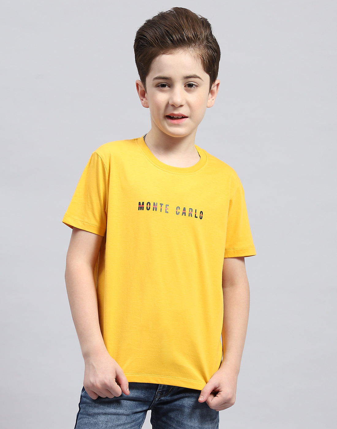 Boys Mustard Printed Round Neck Half Sleeve T-Shirt