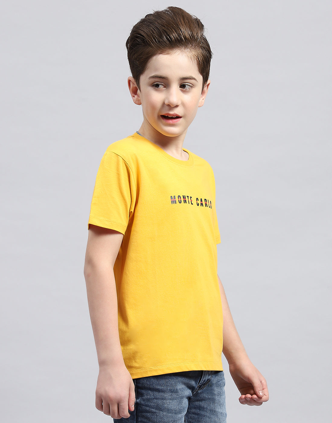 Boys Mustard Printed Round Neck Half Sleeve T-Shirt