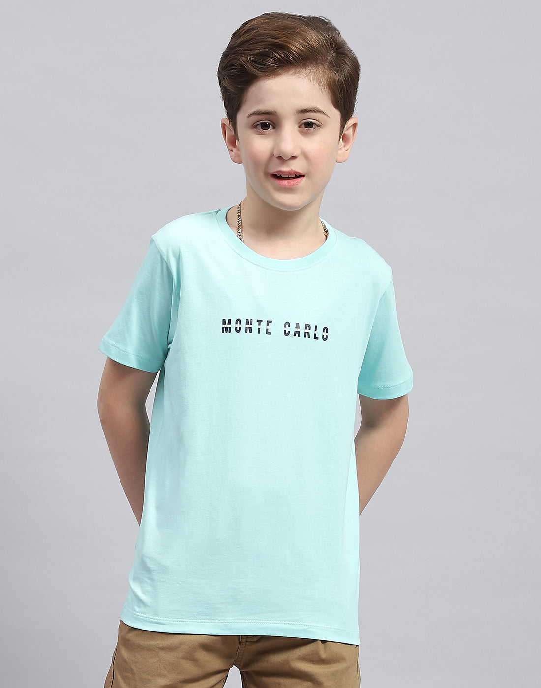 Boys Aqua Blue Printed Round Neck Half Sleeve T-Shirt