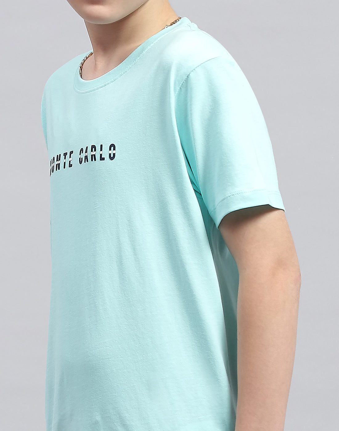 Boys Aqua Blue Printed Round Neck Half Sleeve T-Shirt