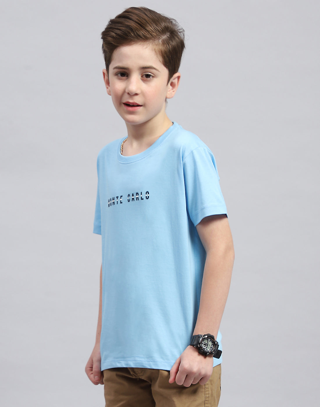 Boys Sky Blue Printed Round Neck Half Sleeve T-Shirt