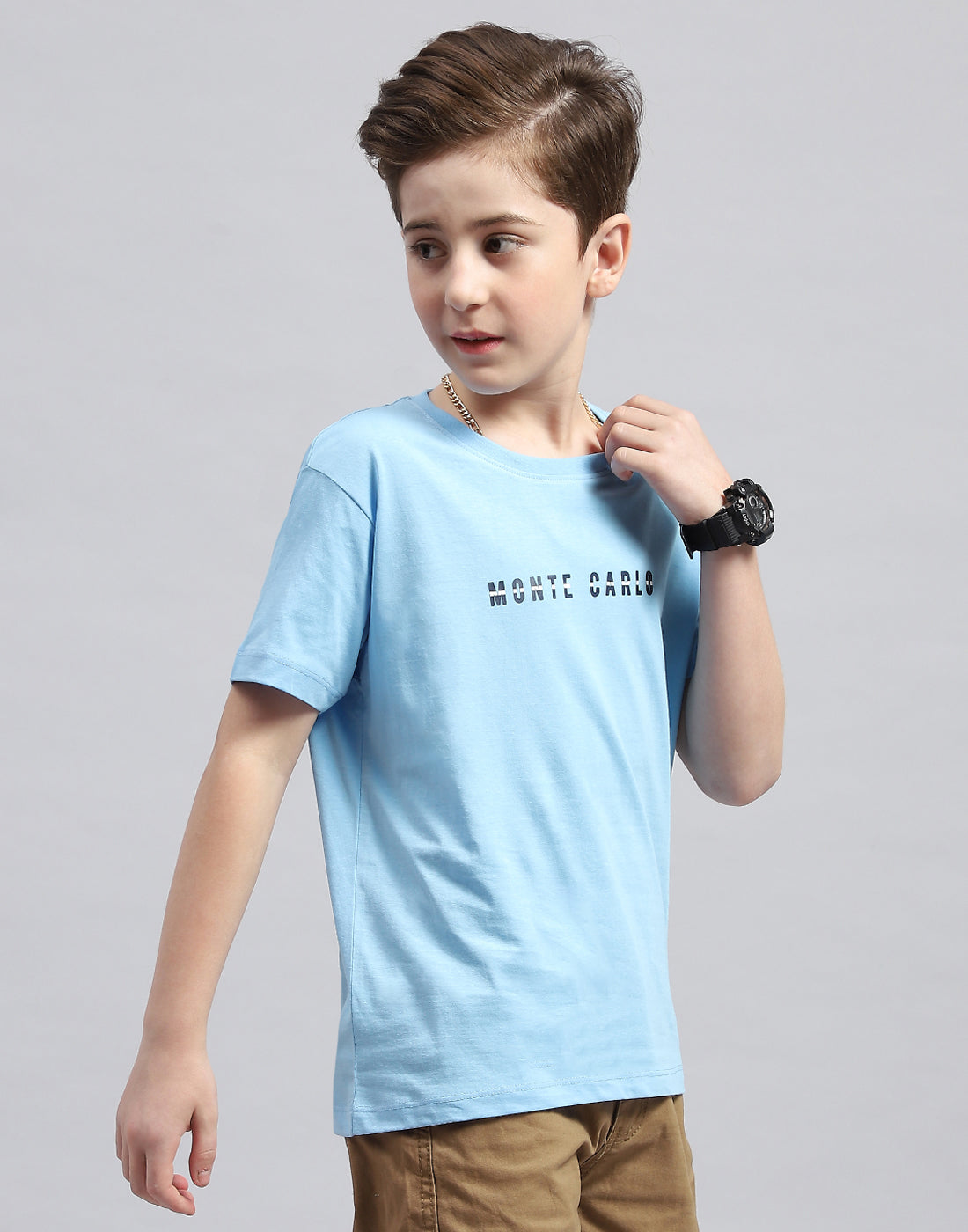 Boys Sky Blue Printed Round Neck Half Sleeve T-Shirt