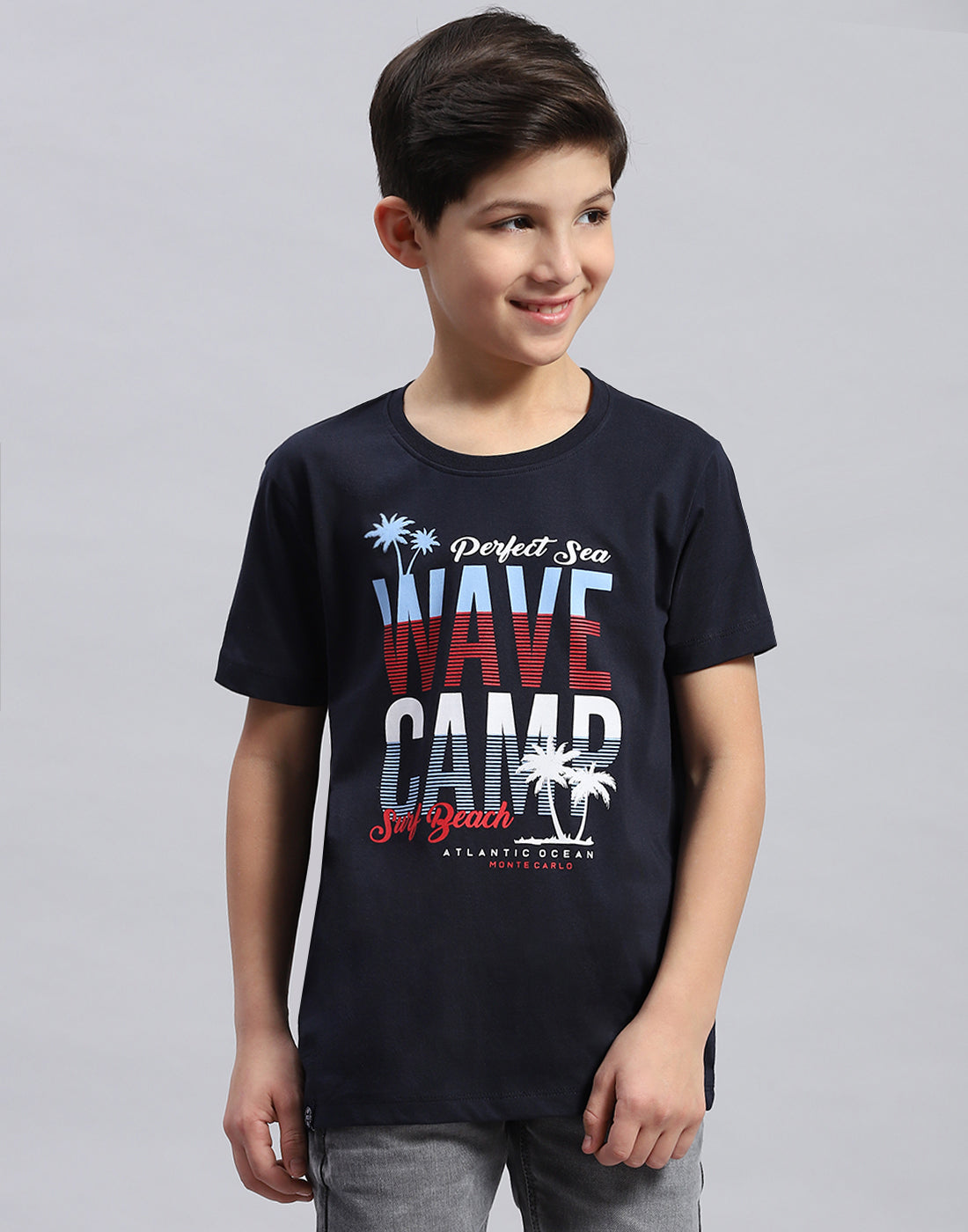 Boys Navy Blue & Green Printed Round Neck Half Sleeve T-Shirt