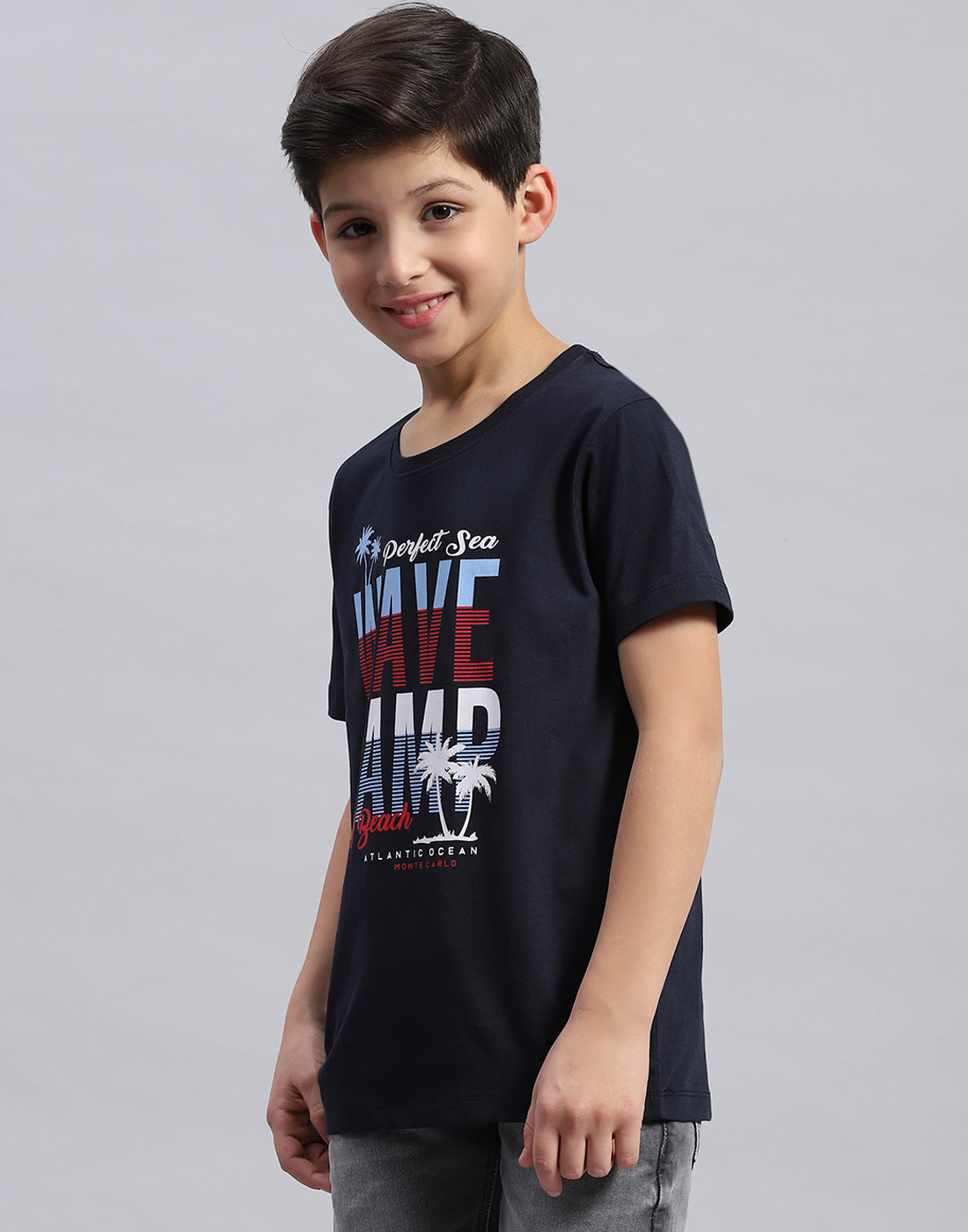 Boys Navy Blue & Green Printed Round Neck Half Sleeve T-Shirt