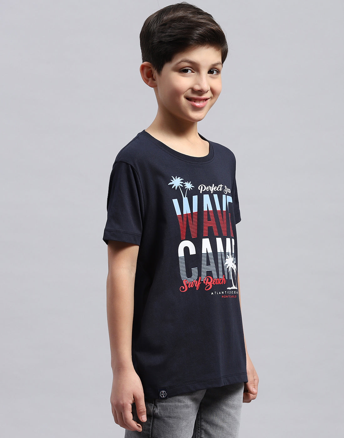 Boys Navy Blue & Green Printed Round Neck Half Sleeve T-Shirt