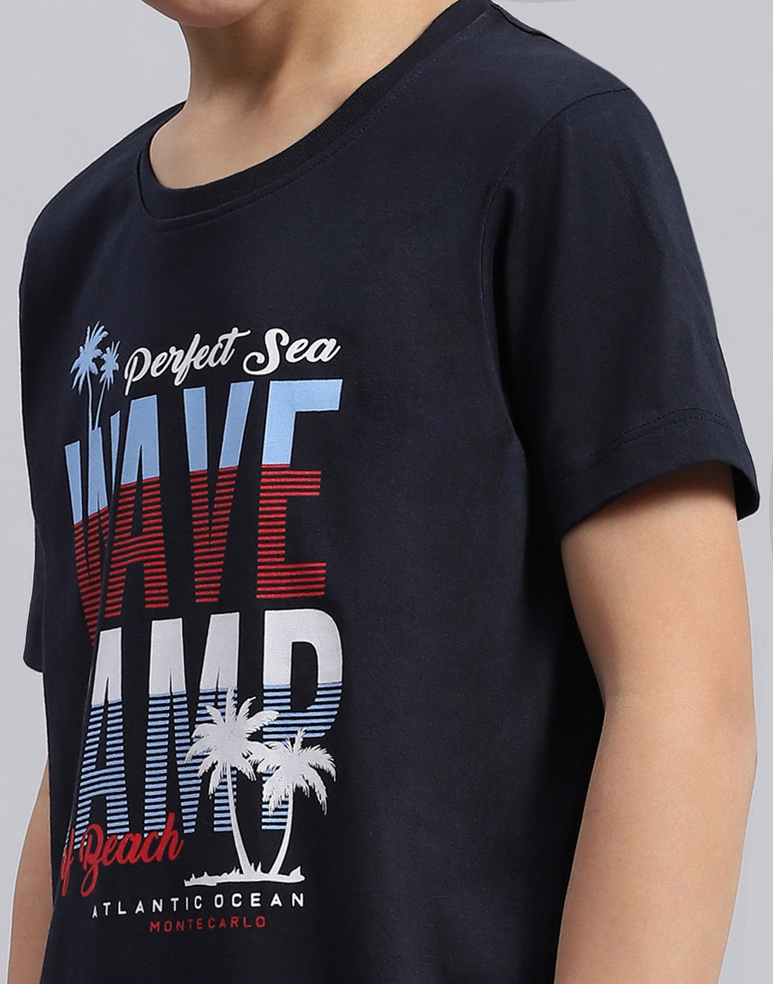 Boys Navy Blue & Green Printed Round Neck Half Sleeve T-Shirt