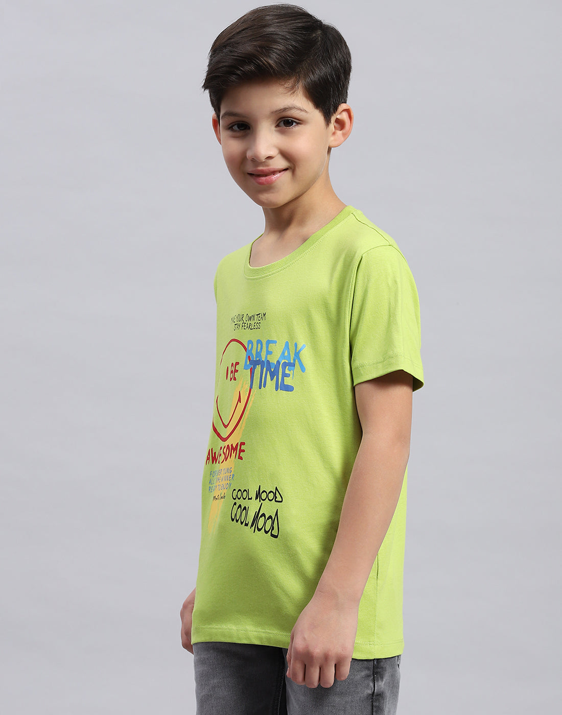 Boys Navy Blue & Green Printed Round Neck Half Sleeve T-Shirt