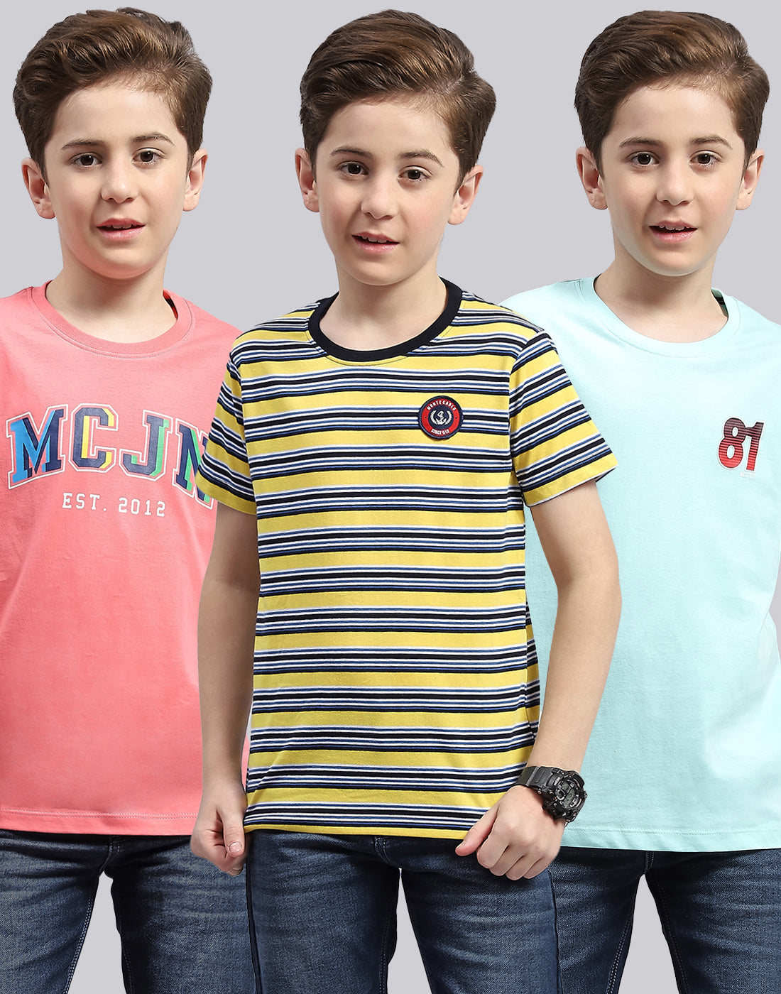 Boys Yellow, Aqua Blue & Coral Printed Round Neck Half Sleeve T-Shirt (Pack of 3)