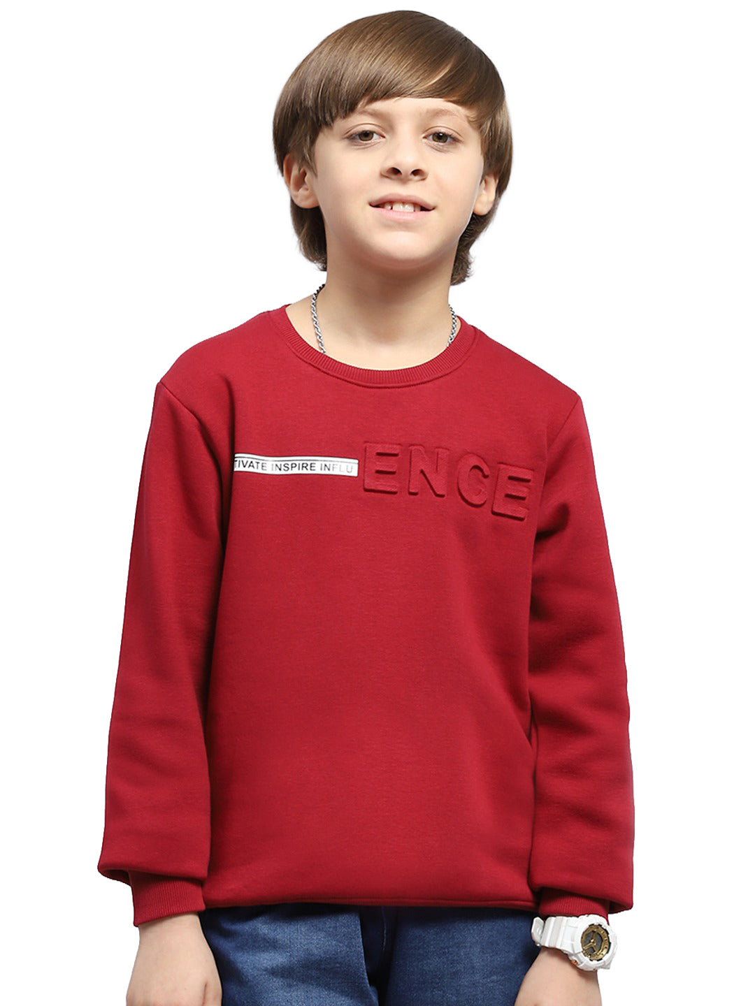 Boys Maroon Printed Round Neck Full Sleeve Sweatshirt