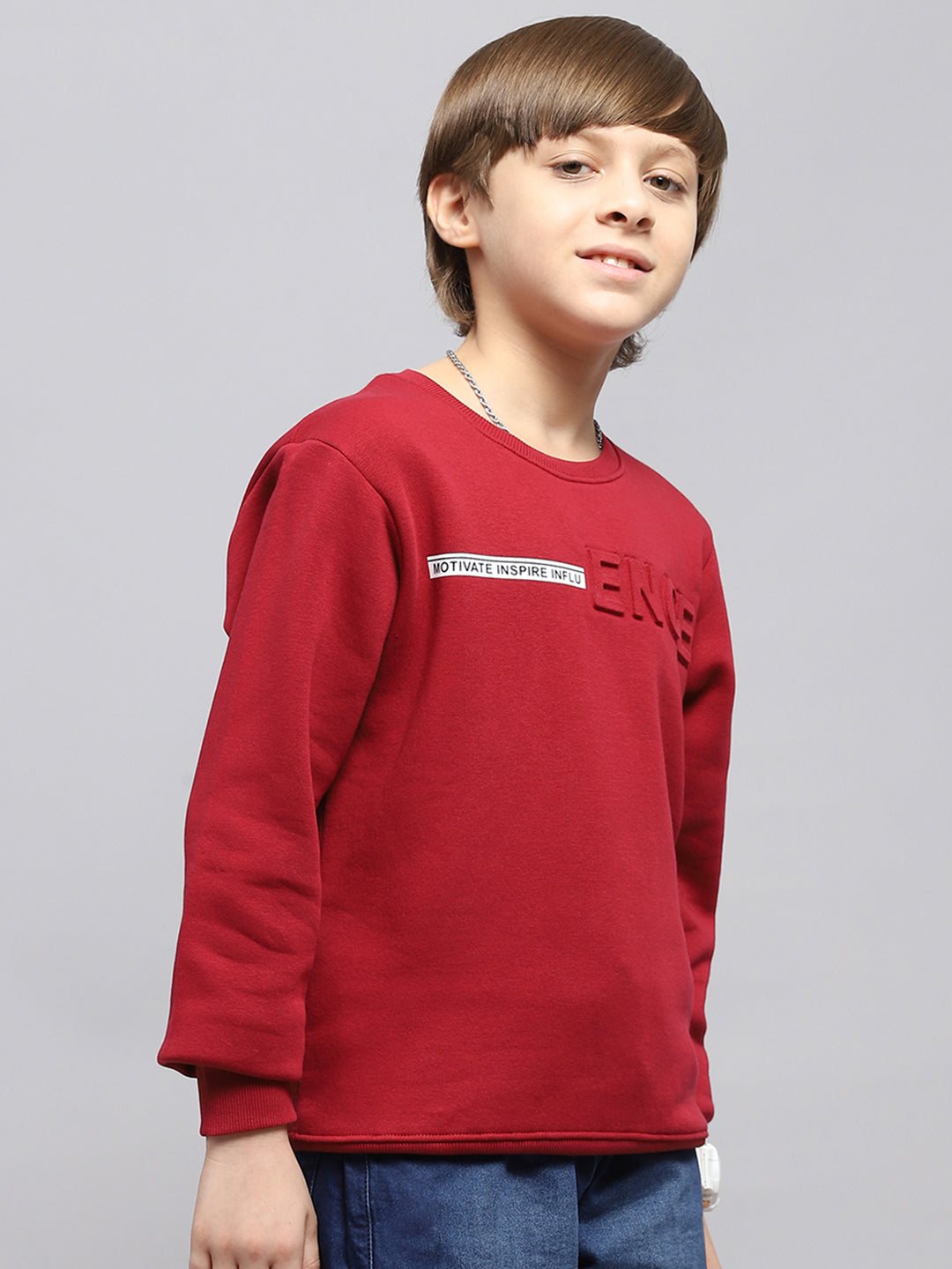 Boys Maroon Printed Round Neck Full Sleeve Sweatshirt