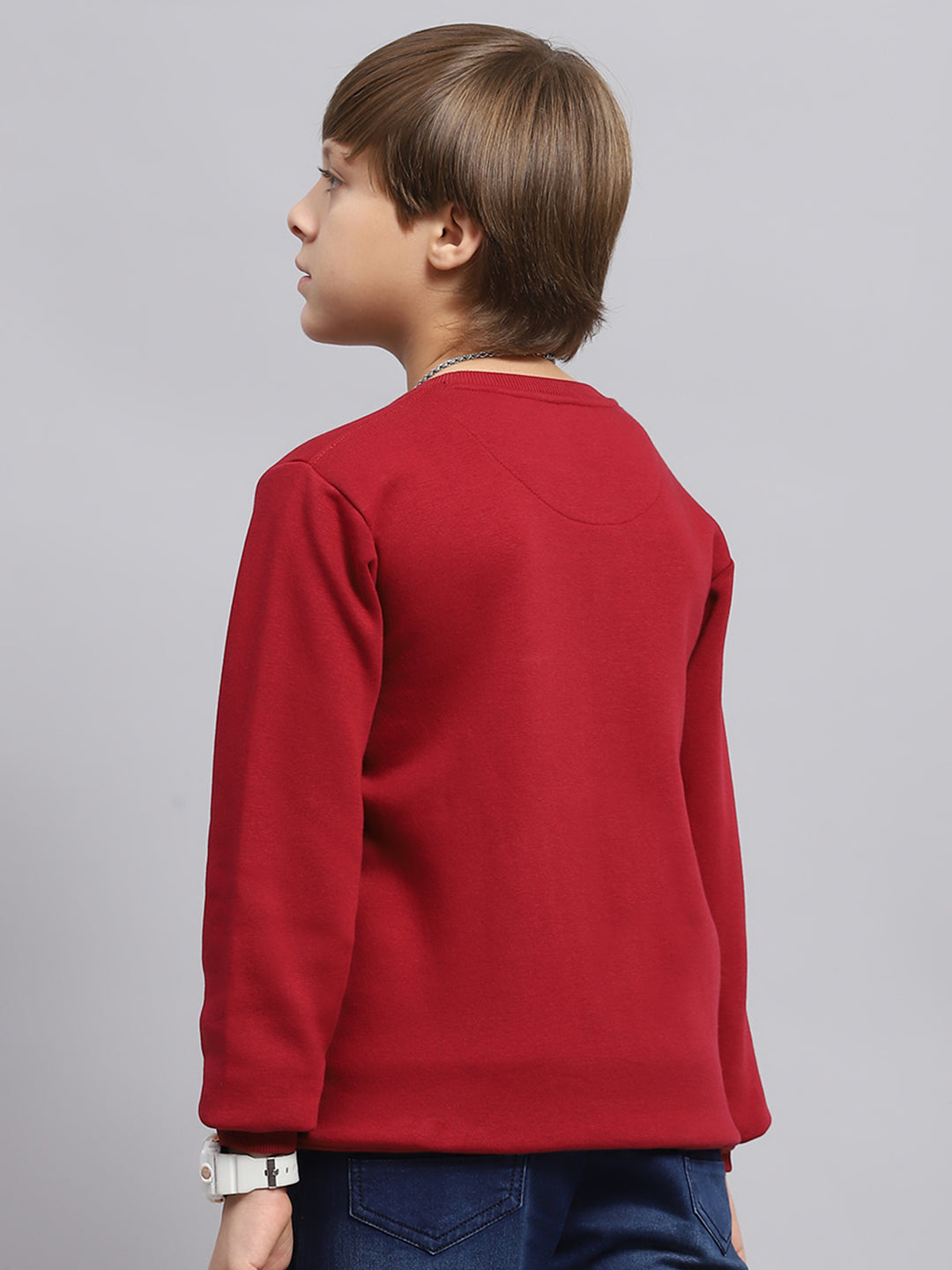 Boys Maroon Printed Round Neck Full Sleeve Sweatshirt