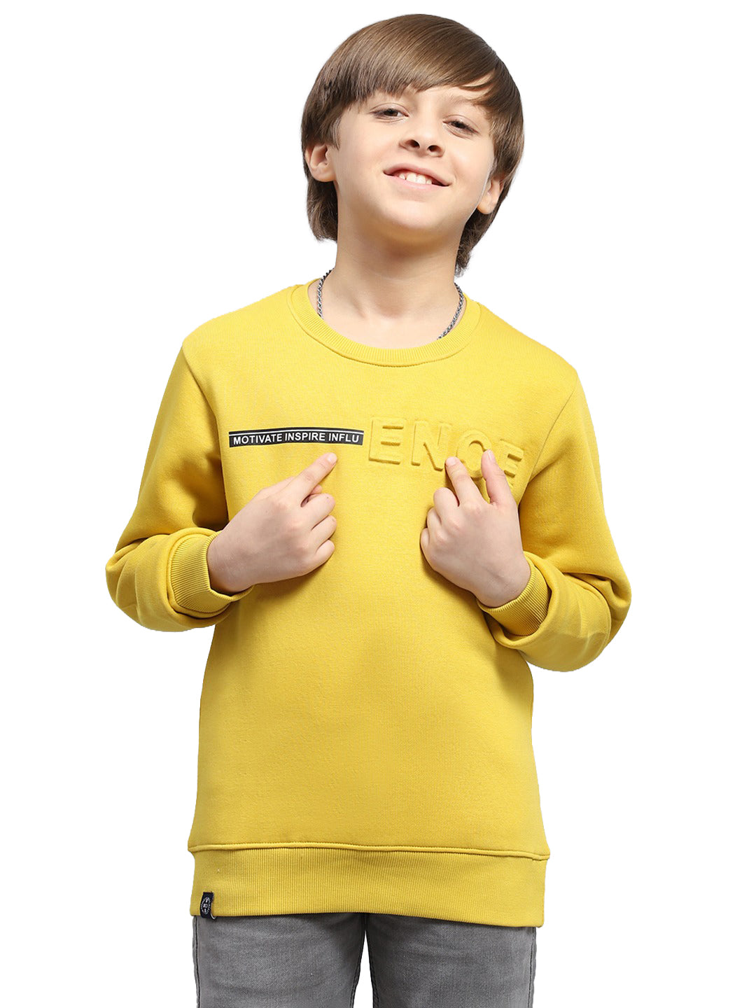 Boys Yellow Printed Round Neck Full Sleeve Sweatshirt
