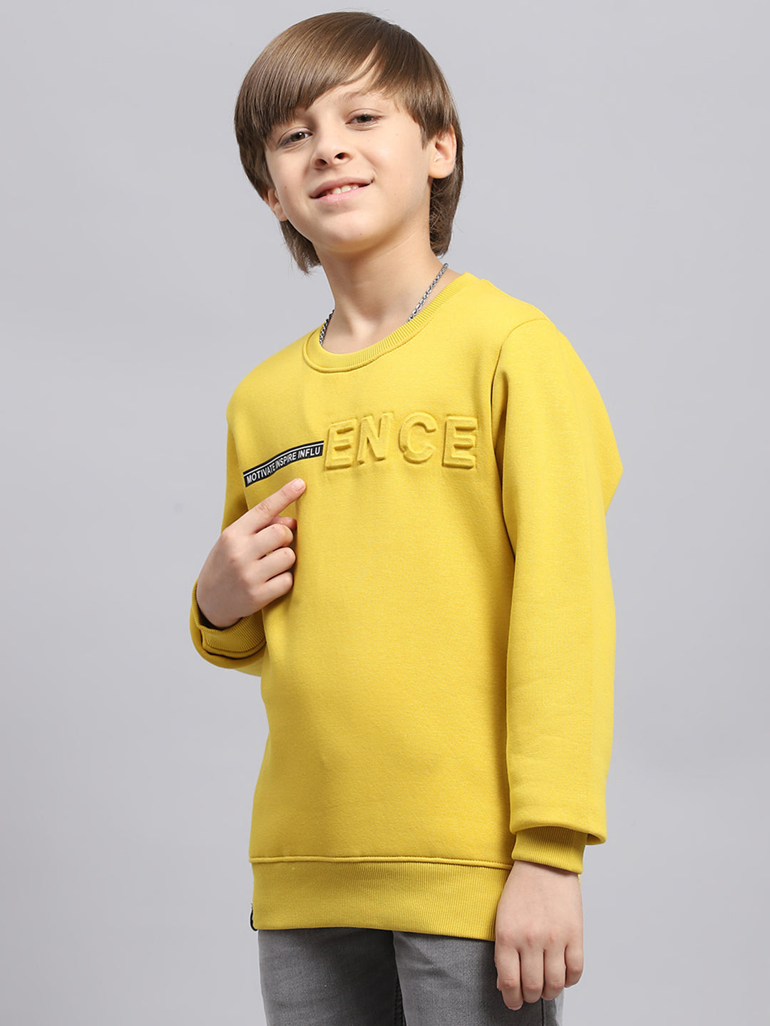 Boys Yellow Printed Round Neck Full Sleeve Sweatshirt