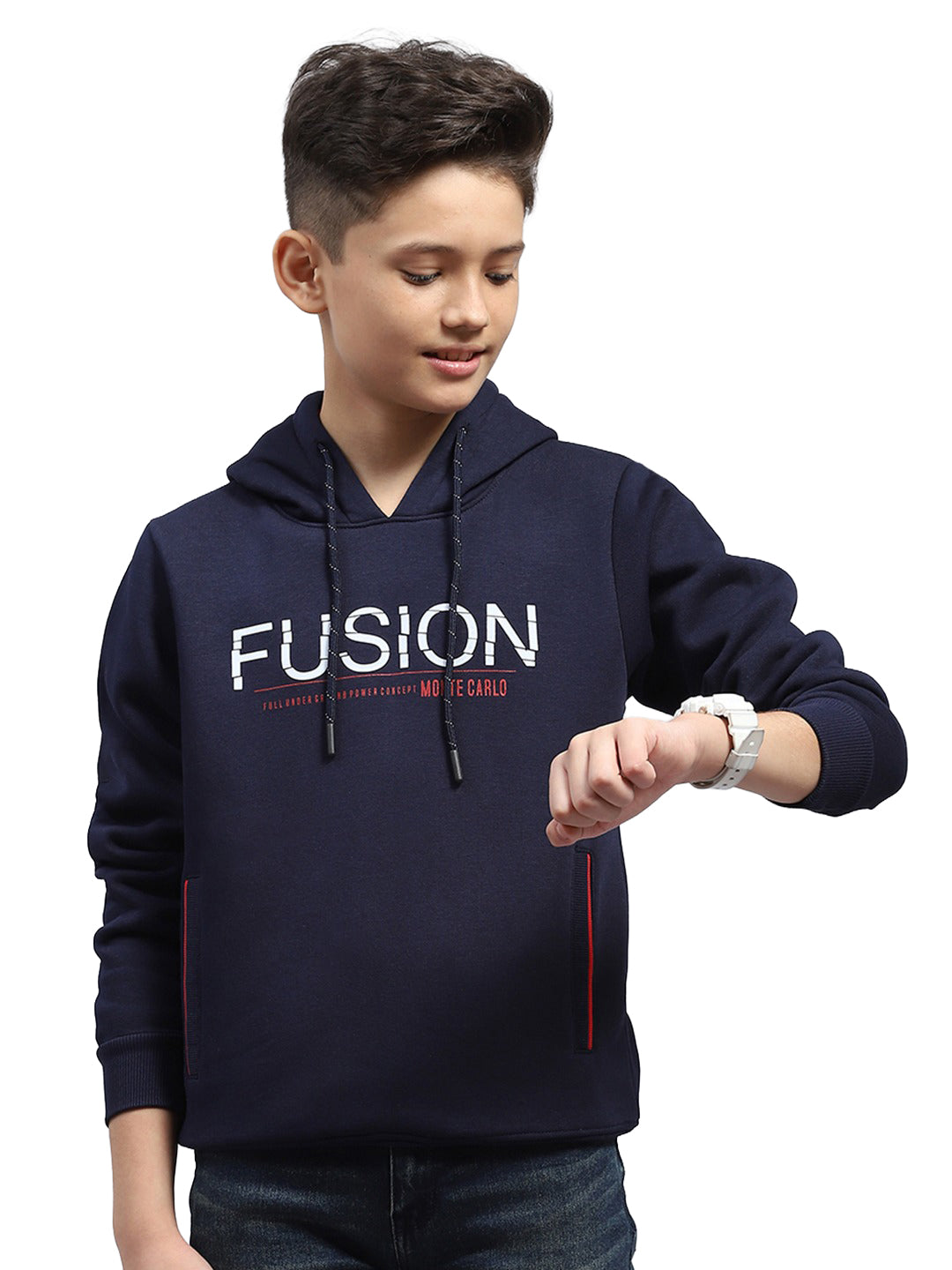 Boys Navy Blue Printed Hooded Full Sleeve Sweatshirt