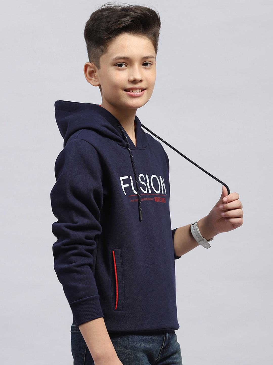 Boys Navy Blue Printed Hooded Full Sleeve Sweatshirt