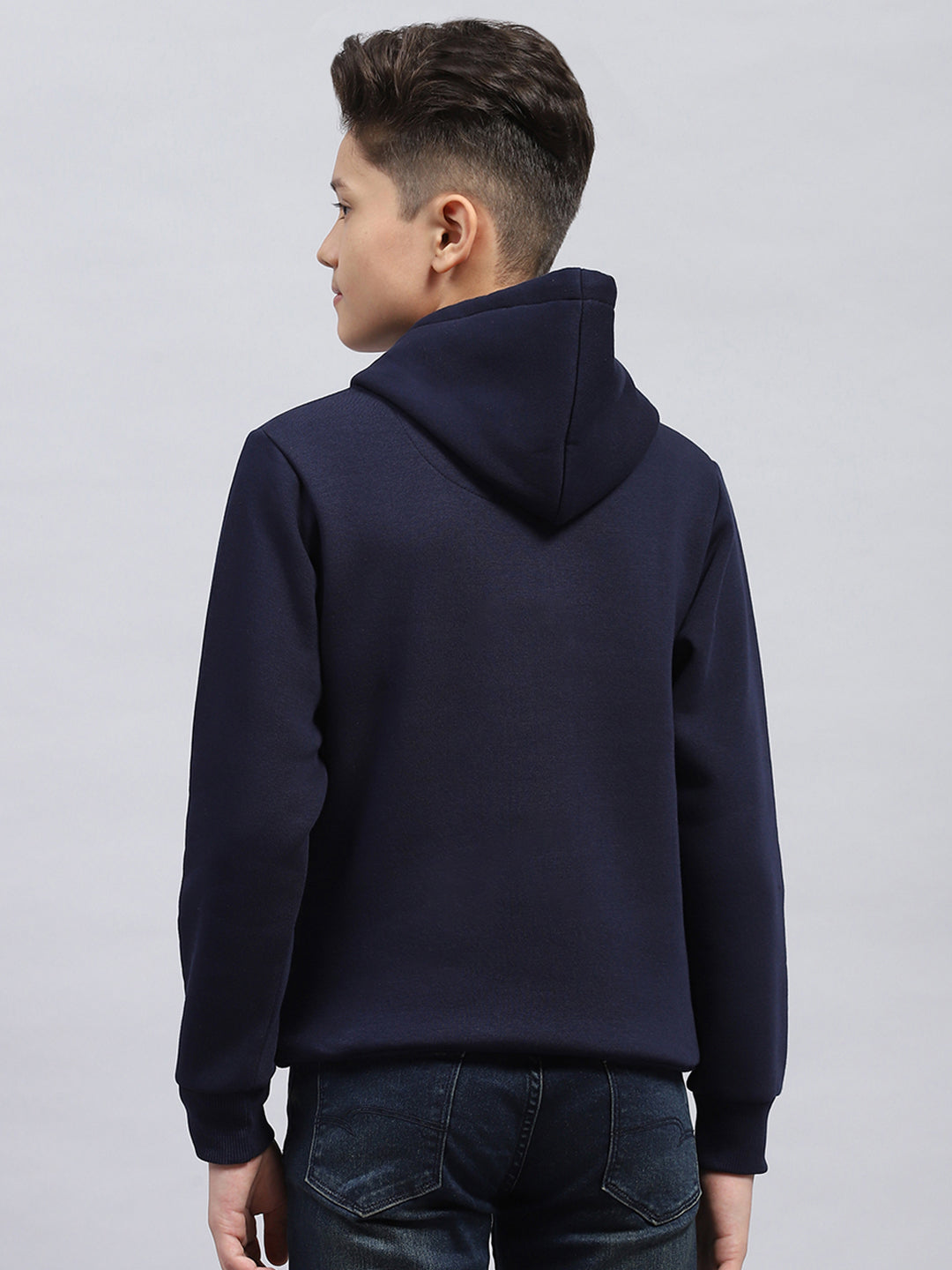 Boys Navy Blue Printed Hooded Full Sleeve Sweatshirt