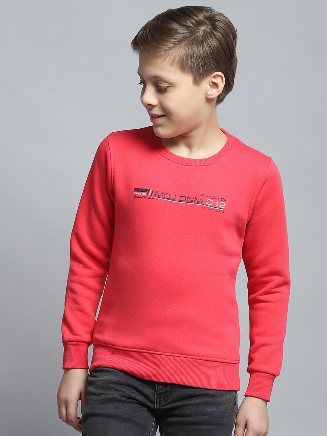 Boys Pink Printed Round Neck Full Sleeve Pullover