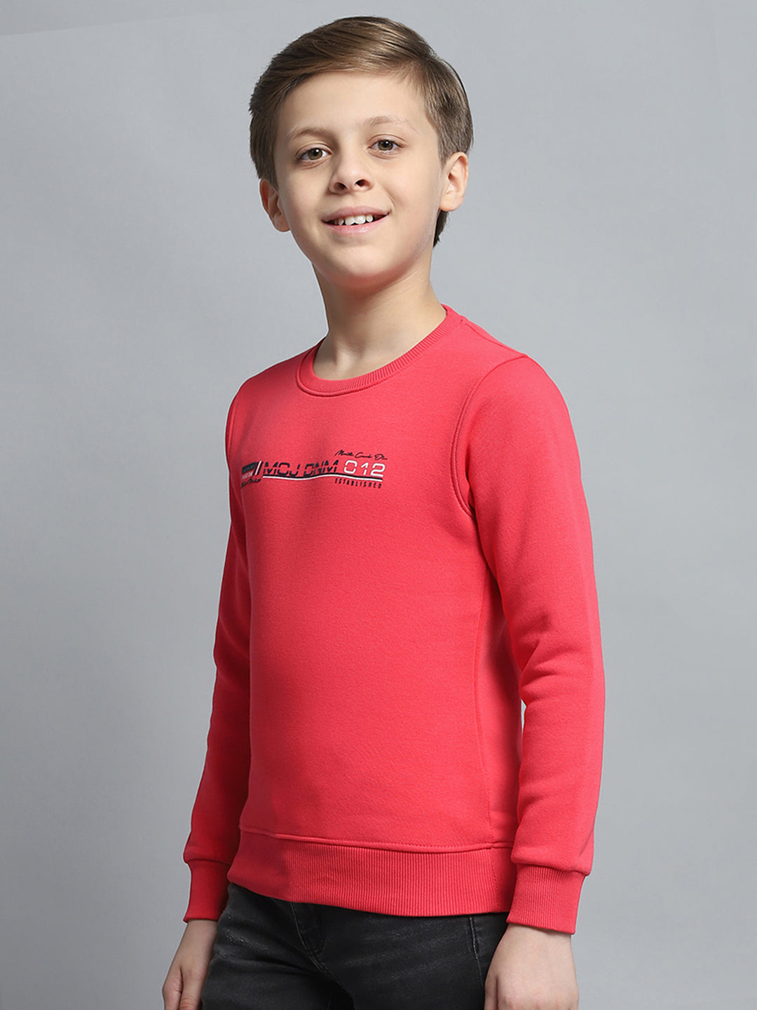 Boys Pink Printed Round Neck Full Sleeve Pullover
