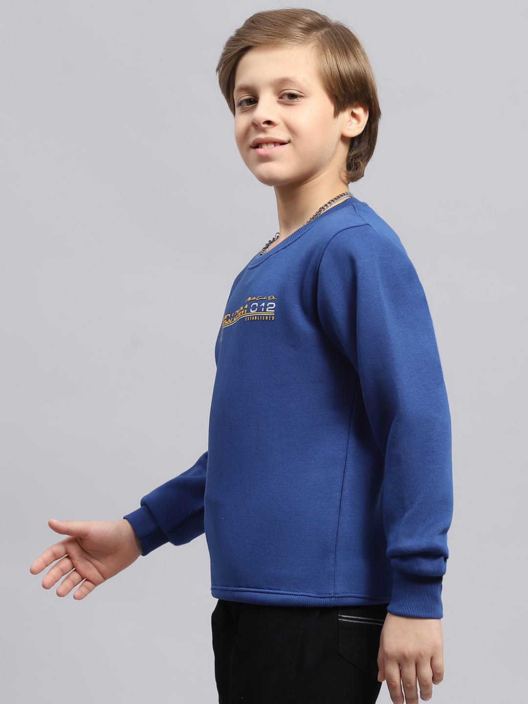 Boys Dark Blue Printed Round Neck Full Sleeve Sweatshirt