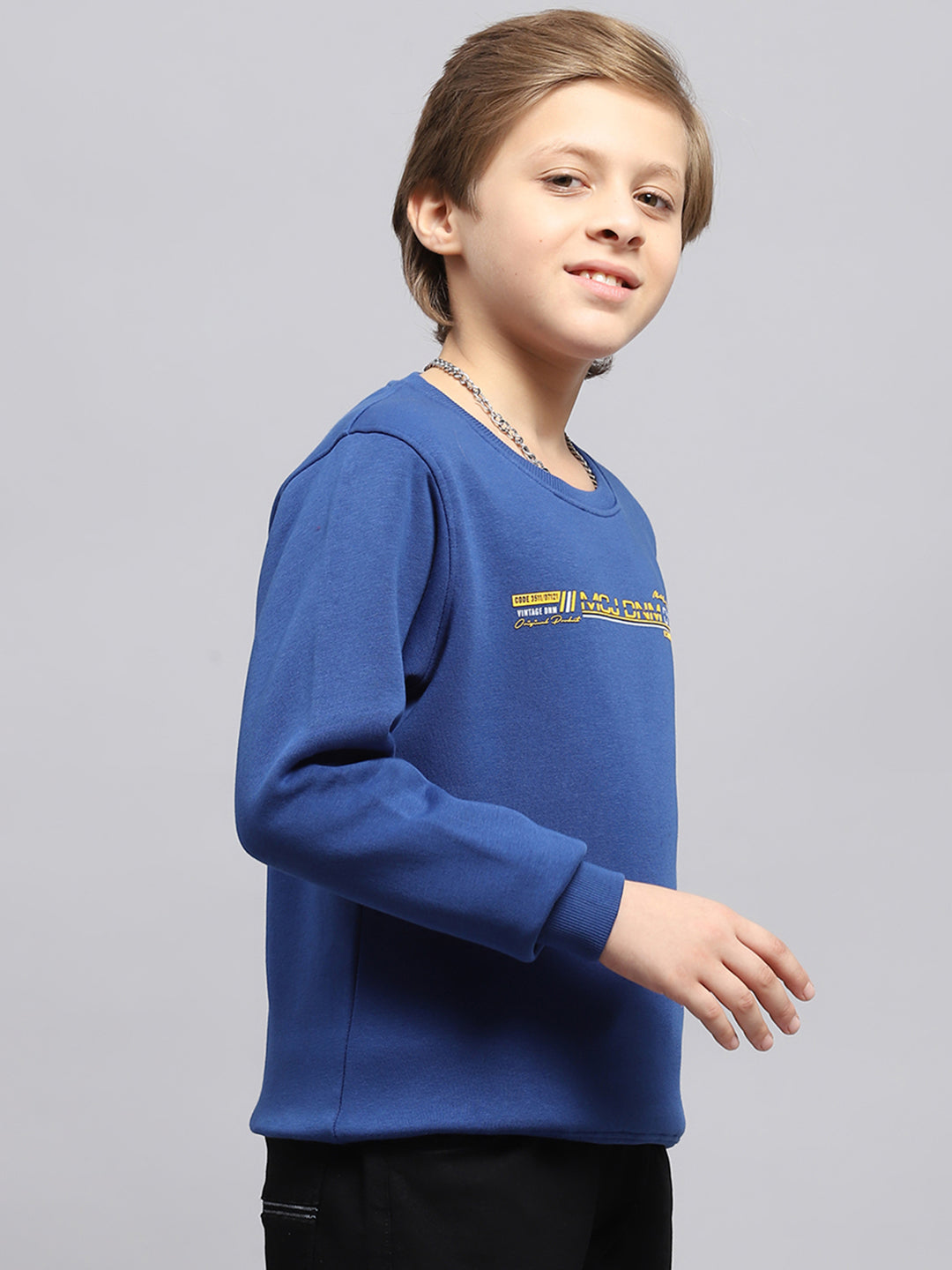 Boys Dark Blue Printed Round Neck Full Sleeve Sweatshirt