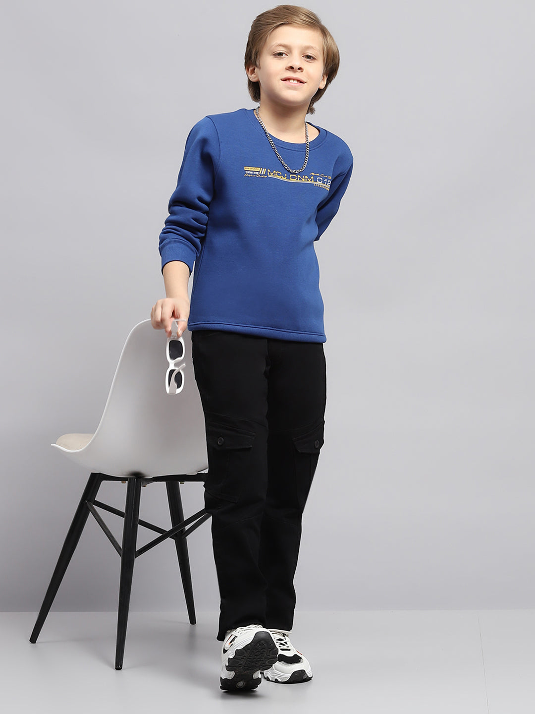 Boys Dark Blue Printed Round Neck Full Sleeve Sweatshirt