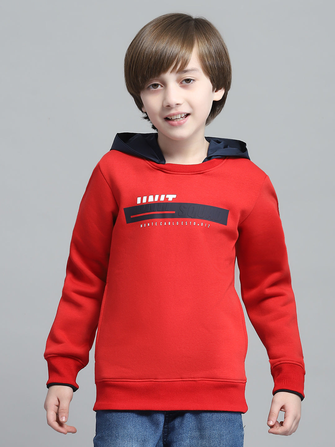 Boys Red Printed Round Neck Full Sleeve Sweatshirt