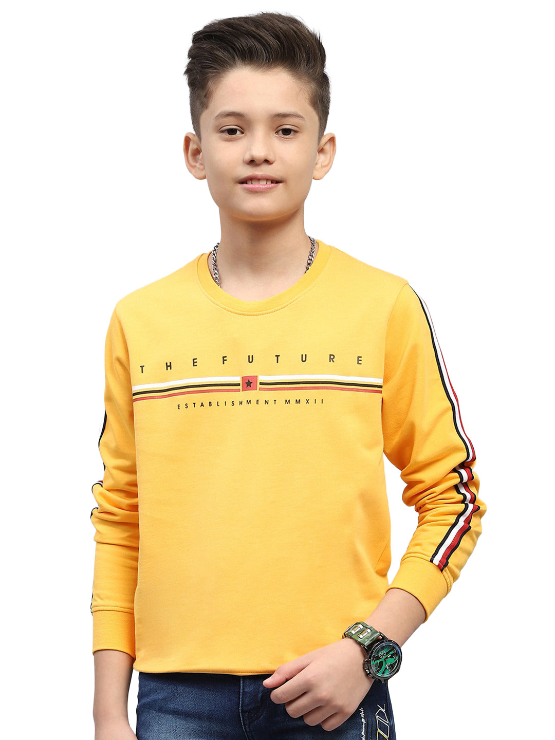 Boys Mustard Printed Round Neck Full Sleeve Sweatshirt