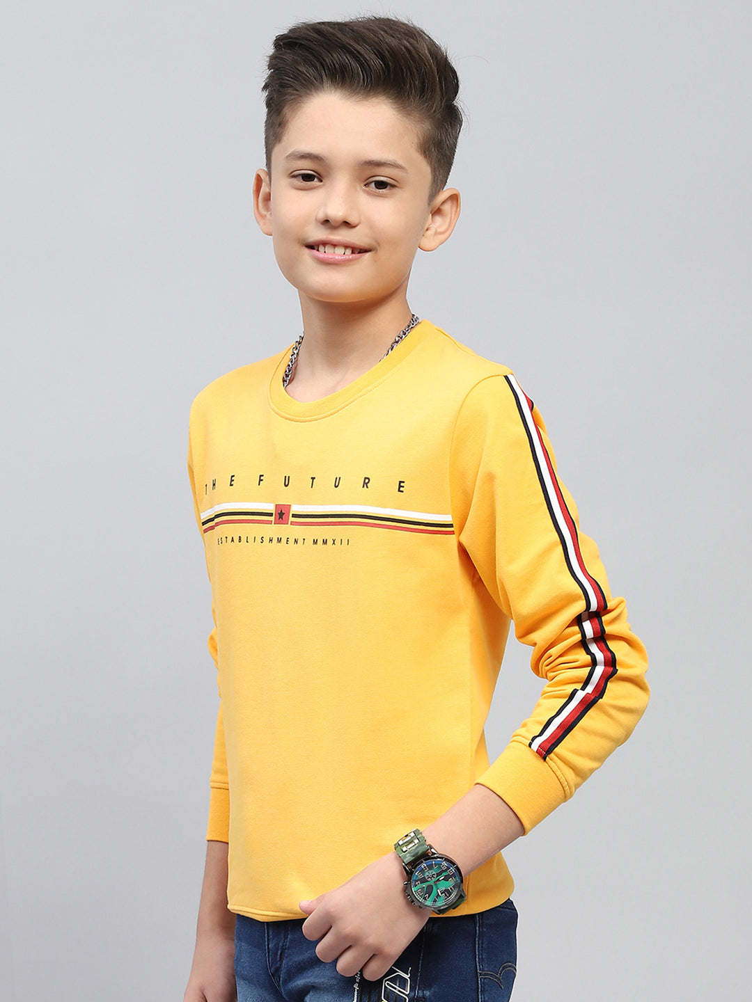 Boys Mustard Printed Round Neck Full Sleeve Sweatshirt